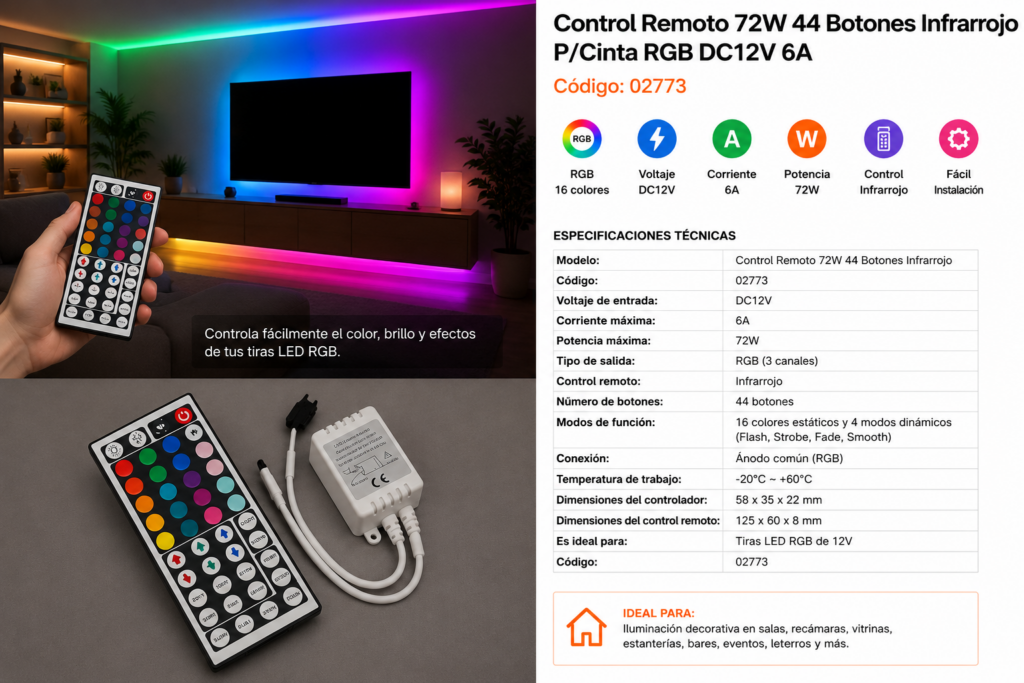 Control Remoto 72w 44 Botones Infrarrojo P/Cinta RGB DC12V 6A