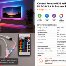 Control Remoto RGB WIFI 100W DC5-28V 6A 24 Botones P/Cinta RGB