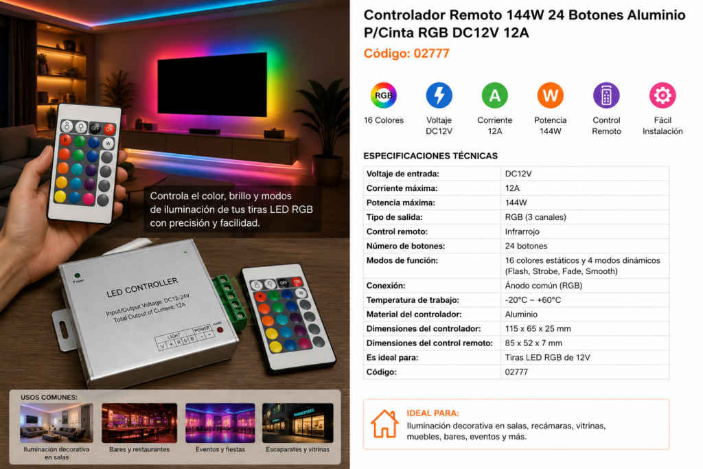 Controlador Remoto 144W 24 Botones Aluminio P/Cinta RGB DC12V 12A