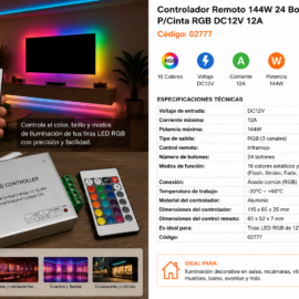 Controlador Remoto 144W 24 Botones Aluminio P/Cinta RGB DC12V 12A