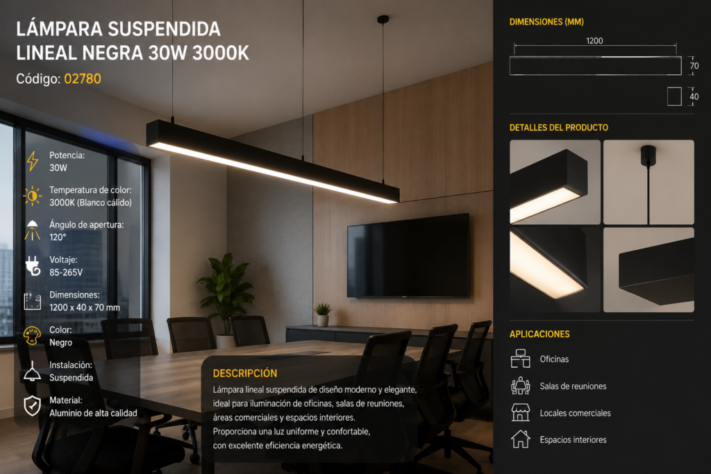 Lámpara Suspendida 30w 3000k LZ-BGD1200 Lineal Negra 120° 85-265V 1200X40X70