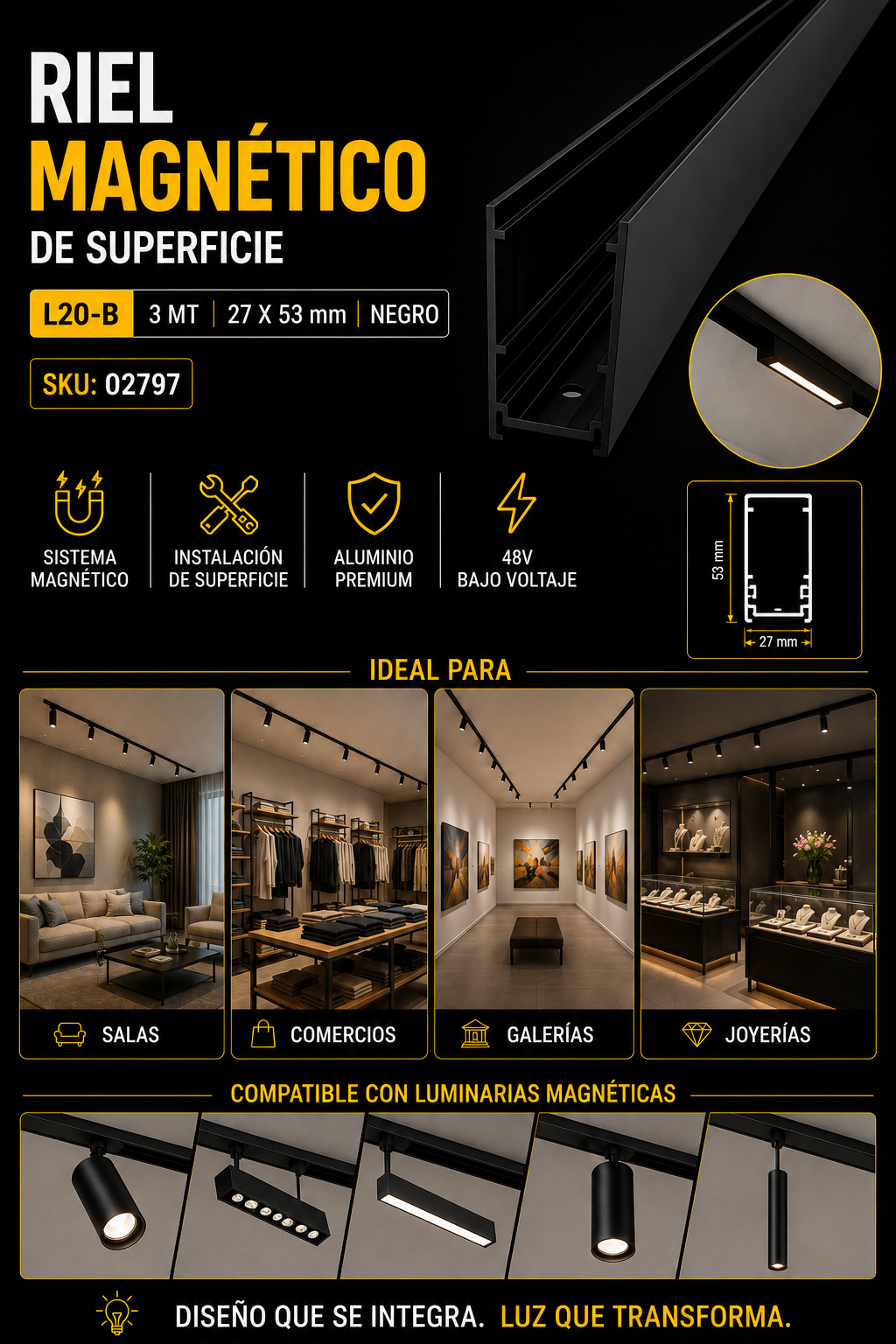 Riel Magnético de Superficie L20-B 3MT 27X53mm Negro