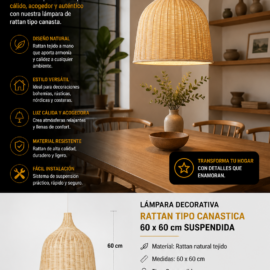 Lampara Decorativa de Rattan Tipo Canastica 60x60 cm Suspendida