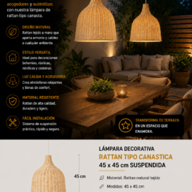Lampara Decorativa de Rattan Tipo Canastica 45x45 cm Suspendida