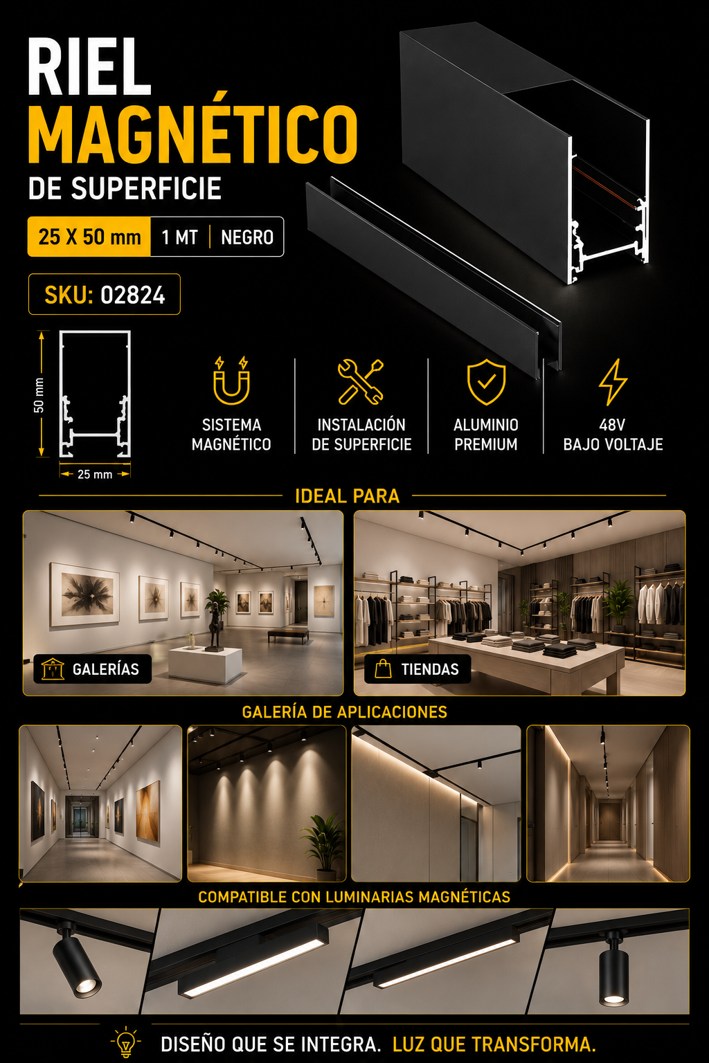 Riel Magnético de Superficie 25*50*1MTS Negro