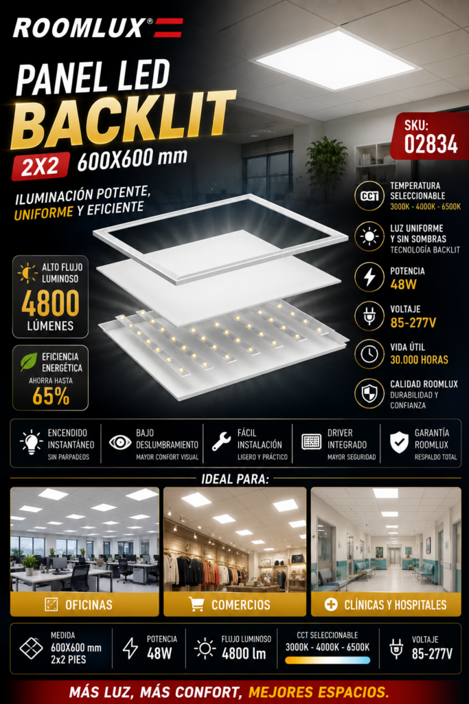 Panel 600X600 CCT 48w B29763 2×2 85-277V Backlit 4800lm Blanco Lx