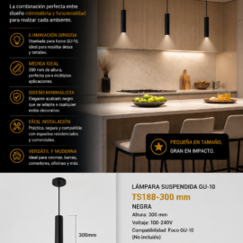 Lampara Suspendida GU-10 TS188-300 mm NEGRA