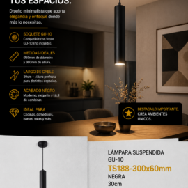 Lampara Suspendida GU-10 TS188-300x60mm NEGRA 30cm