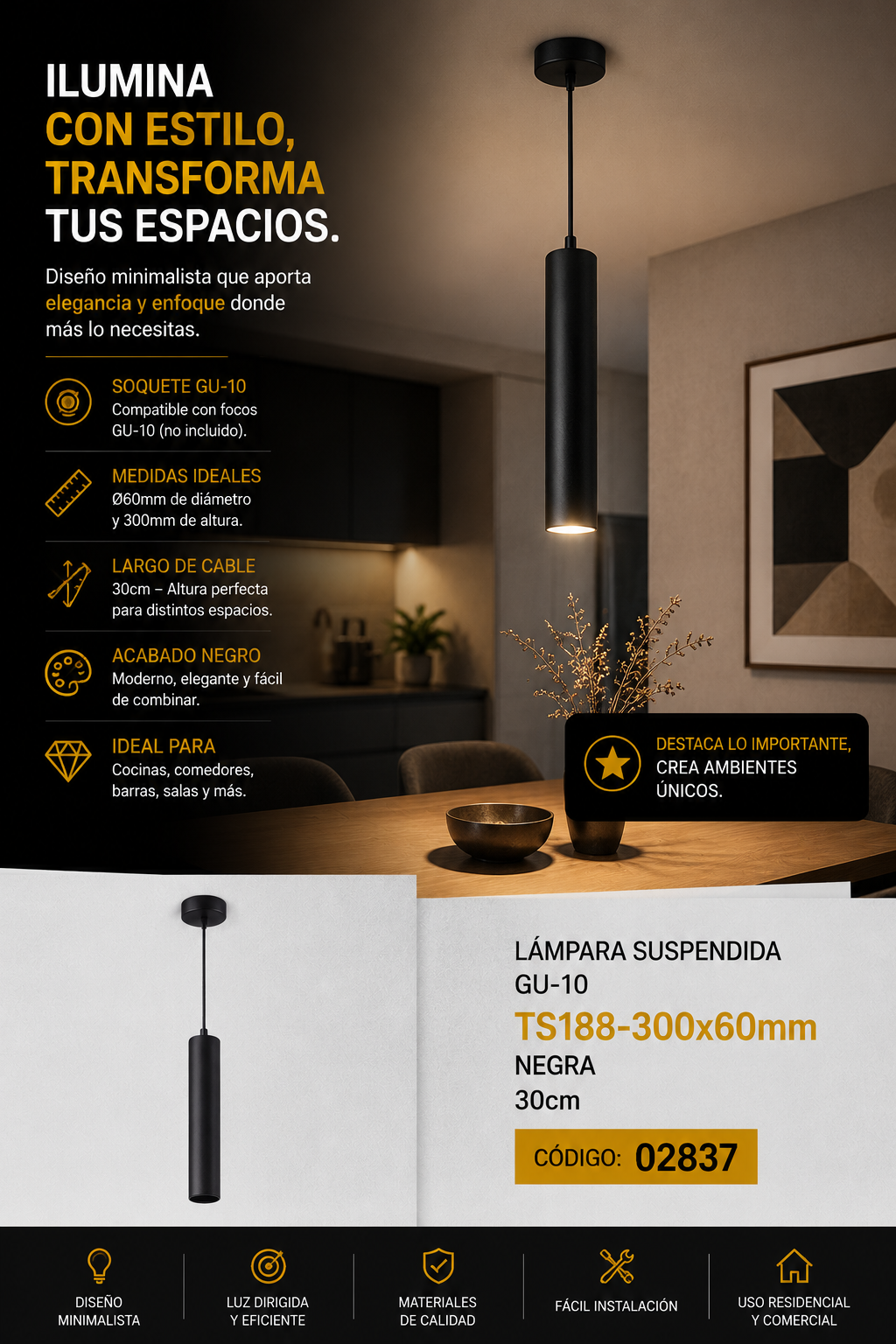 Lampara Suspendida GU-10 TS188-300x60mm NEGRA 30cm