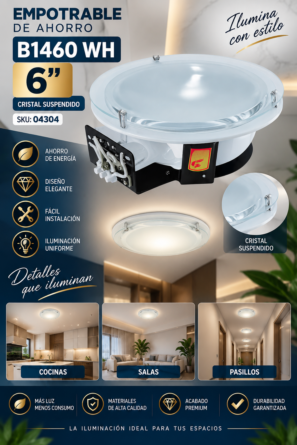 Empotrable de Ahorro 6″ B1460 WH Cristal Suspendido EVOLIGHT