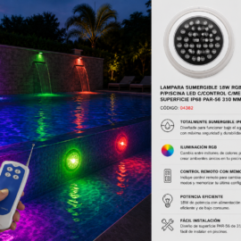 Lampara Sumergible 18W RGB 12V P/Piscina LED C/Control C/Memoria Superficie IP68 PAR-56 310 mm