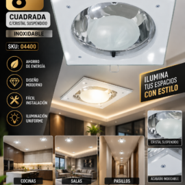 Empotrable de Ahorro 8″ C/Cristal Suspendido Cuadrada Inoxidable