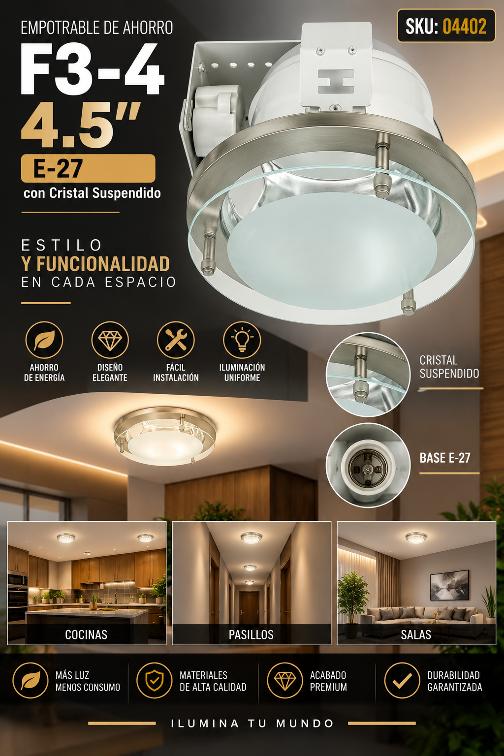 Empotrable de Ahorro E-27 Ø F3-4 4.5″ SN C/Cristal Suspendido