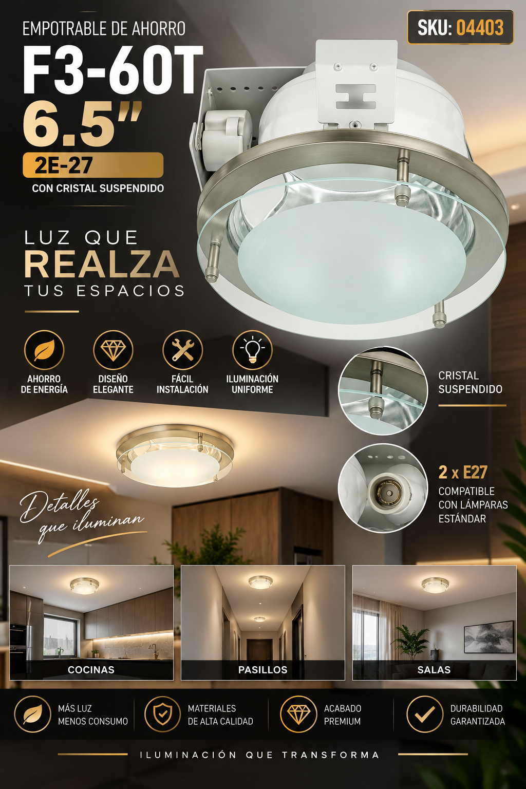 Empotrable de Ahorro F3-60T 6.5″ 2E-27 C/Cristal Suspendido SN (Outlet)