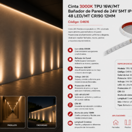 Cinta 3000K TPU 16W/MT Bañador de Pared 24V 5MT IP-65 48 LED/MT CRI90 12 MM