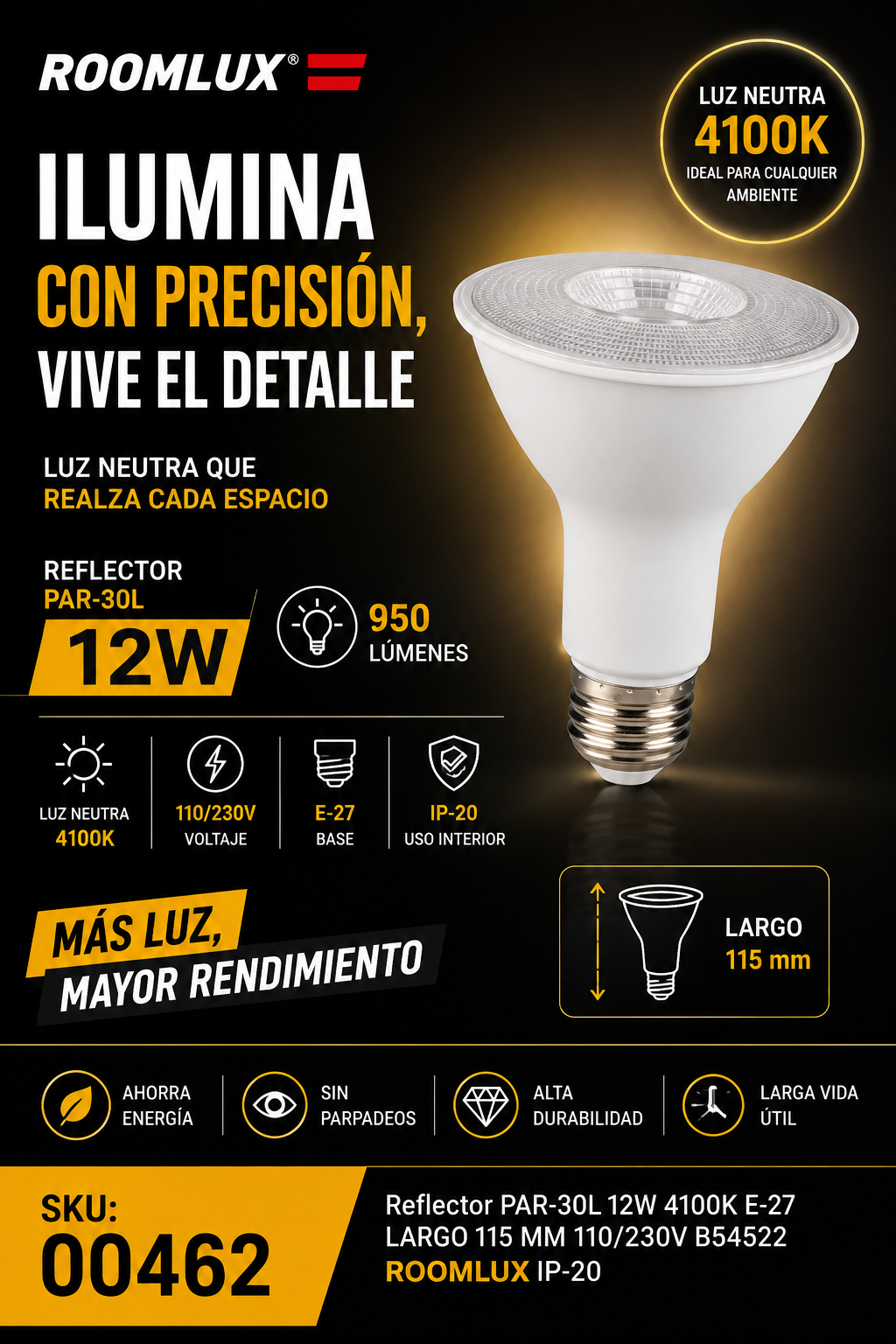 Reflector PAR-30L 12w 4100k E-27 LARGO 115 MM 110/230V B54522 ROOMLUX IP-20