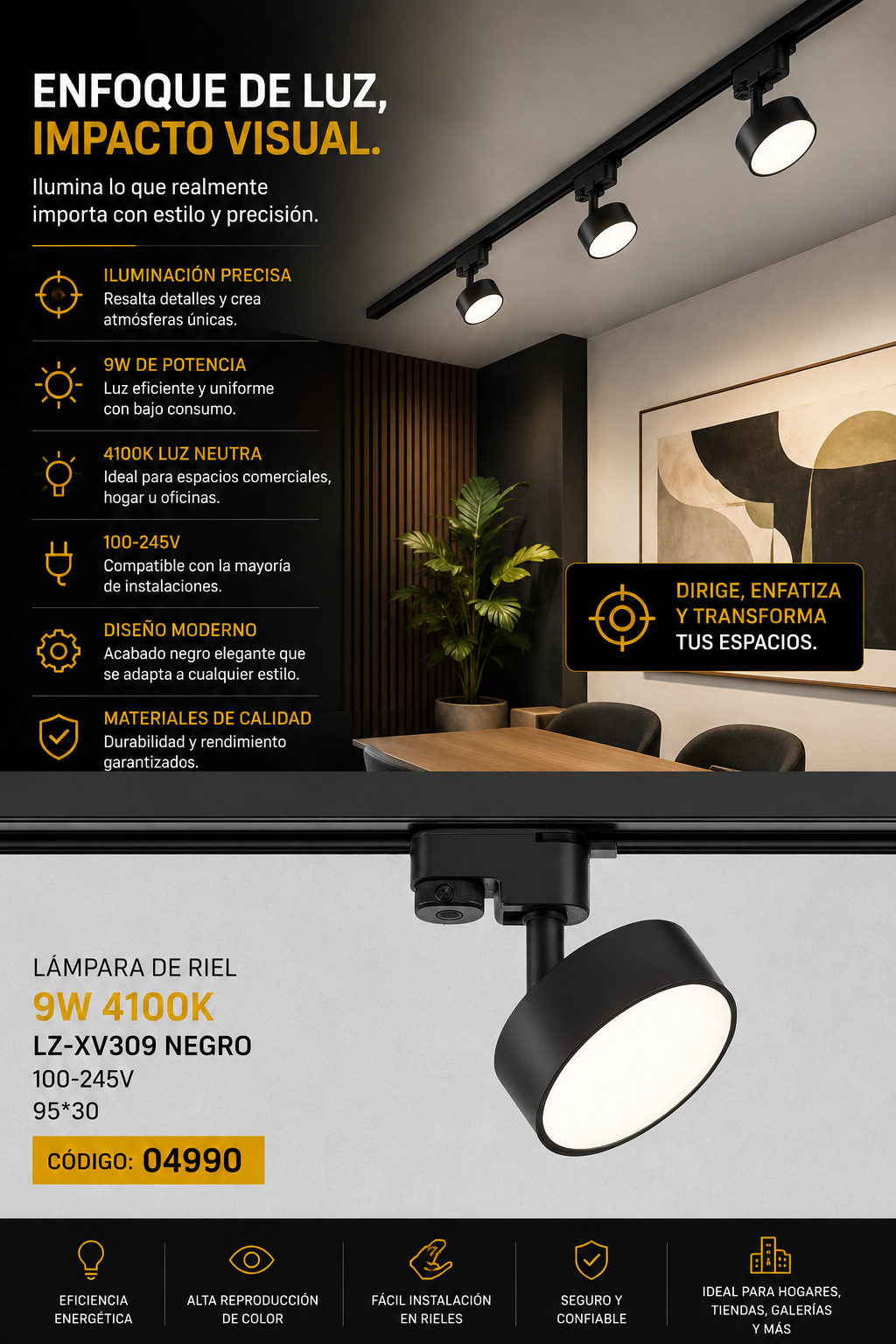 Lampara de Riel 9W 4100k LZ-XV309 Negro 100-245v 95*30