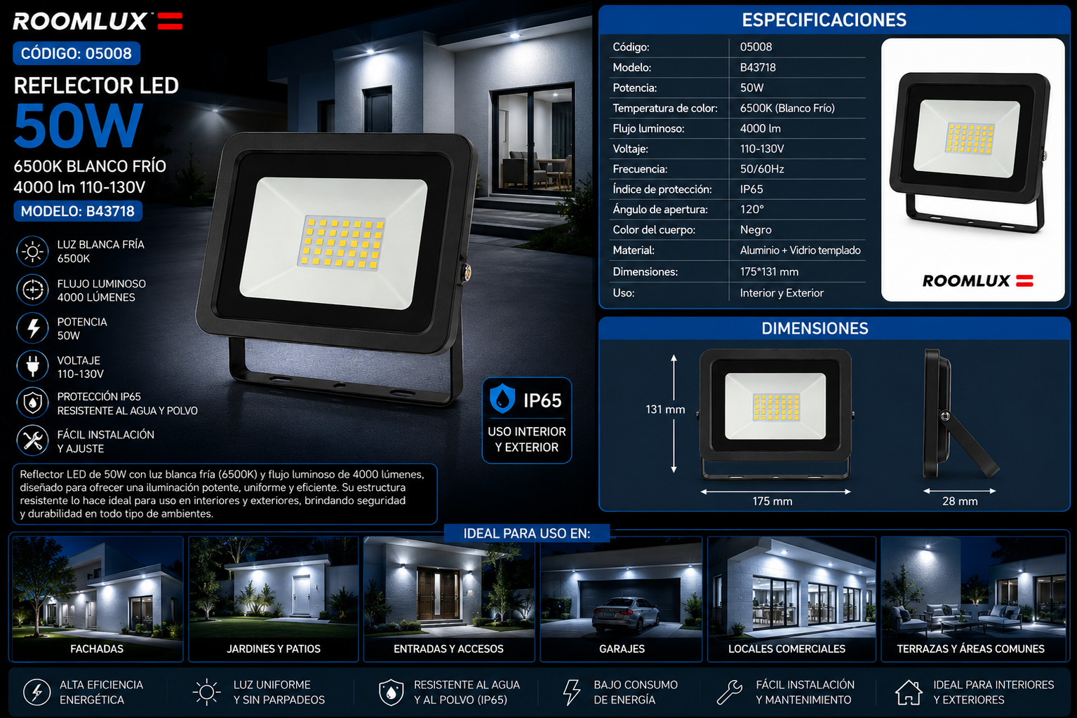 Reflector 50W 6500K B43718 110-130V ROOMLUX 175*131 4000 lm