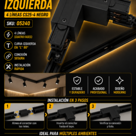 Conector para Riel L Curva Izquierda 4 Líneas CS25-4 Negro