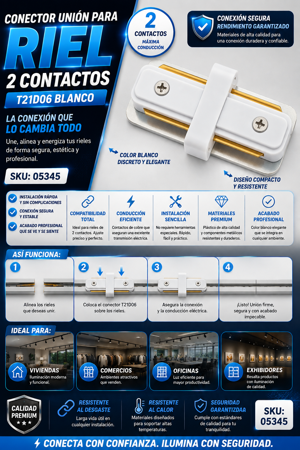 Conector Unión para Riel 2 Contactos T21D06 Blanco