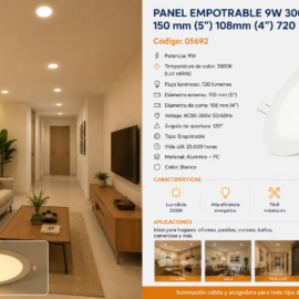 Panel Empotrable 9W 3000K 150 mm (5¨) 108mm (4¨) 720 LM B29705 ROOMLUX