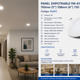 Panel Empotrable 9W 4100K 150 mm (5¨) 108mm (4¨) 720 LM B29705 ROOMLUX