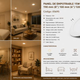 Panel de Empotrable 15W 3000K 190 mm (8¨) 100 mm (6¨) 1200 LM B29705 ROOMLUX