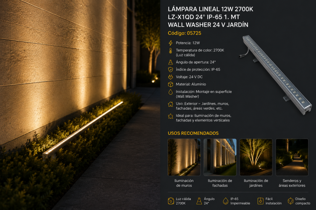 Lámpara Lineal 12w 2700K LZ-X1QD 24º IP-65 1. MT WALL WASHER 24 V Jardín