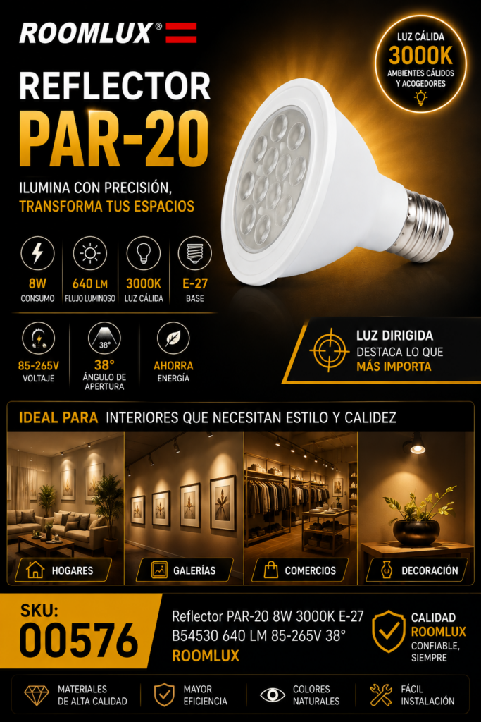 Reflector PAR-20 8w 3000K E-27 B54530 640 LM 85-265V 38º ROOMLUX