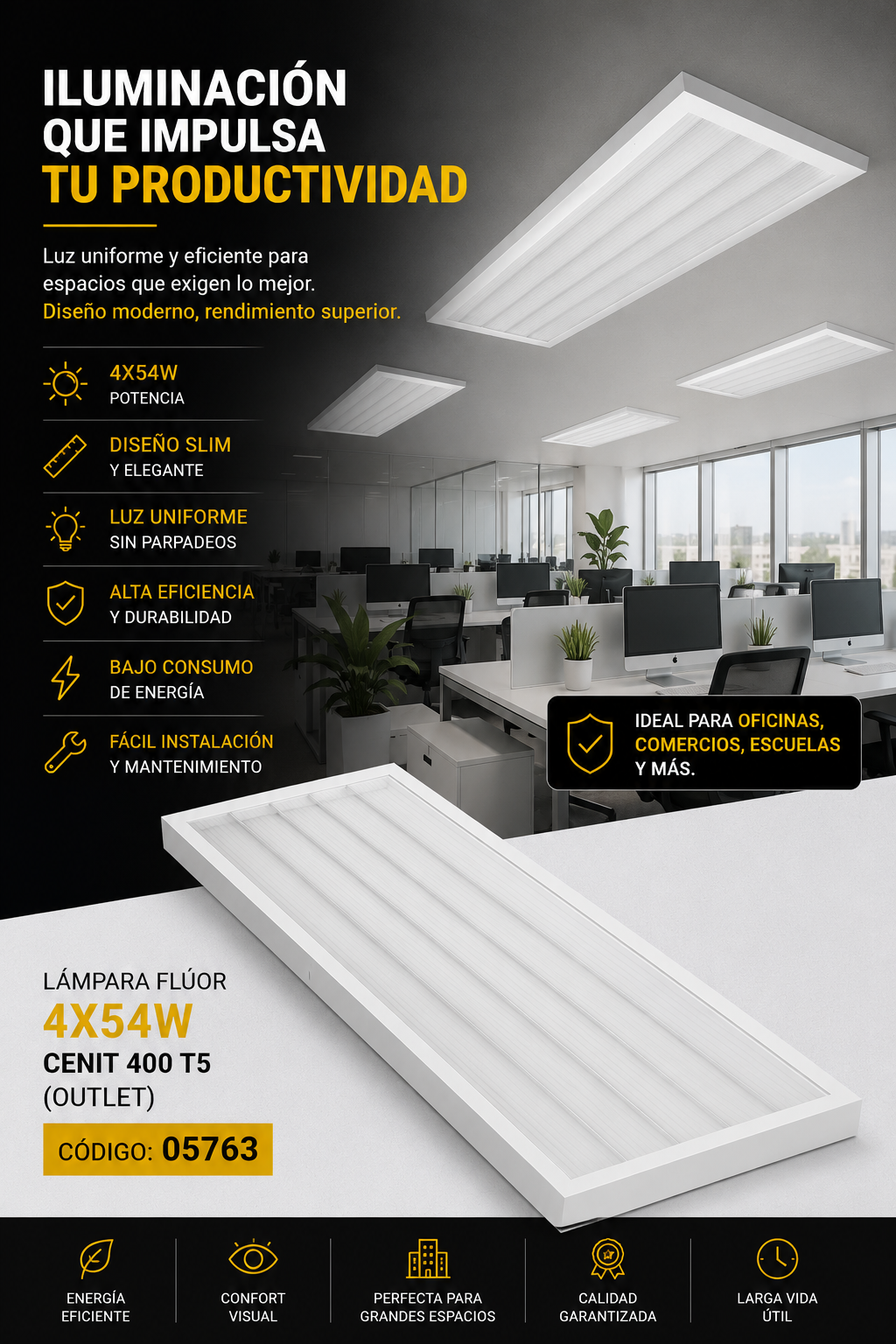 Lampara Flúor 4X54W Cenit 400 T5 (outlet)