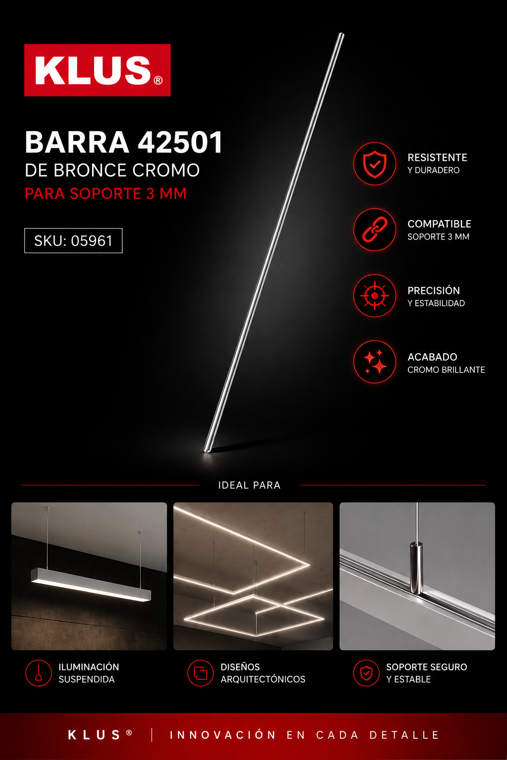 Barra 42501 de Bronce Cromo para Soporte 3 MM KLUS
