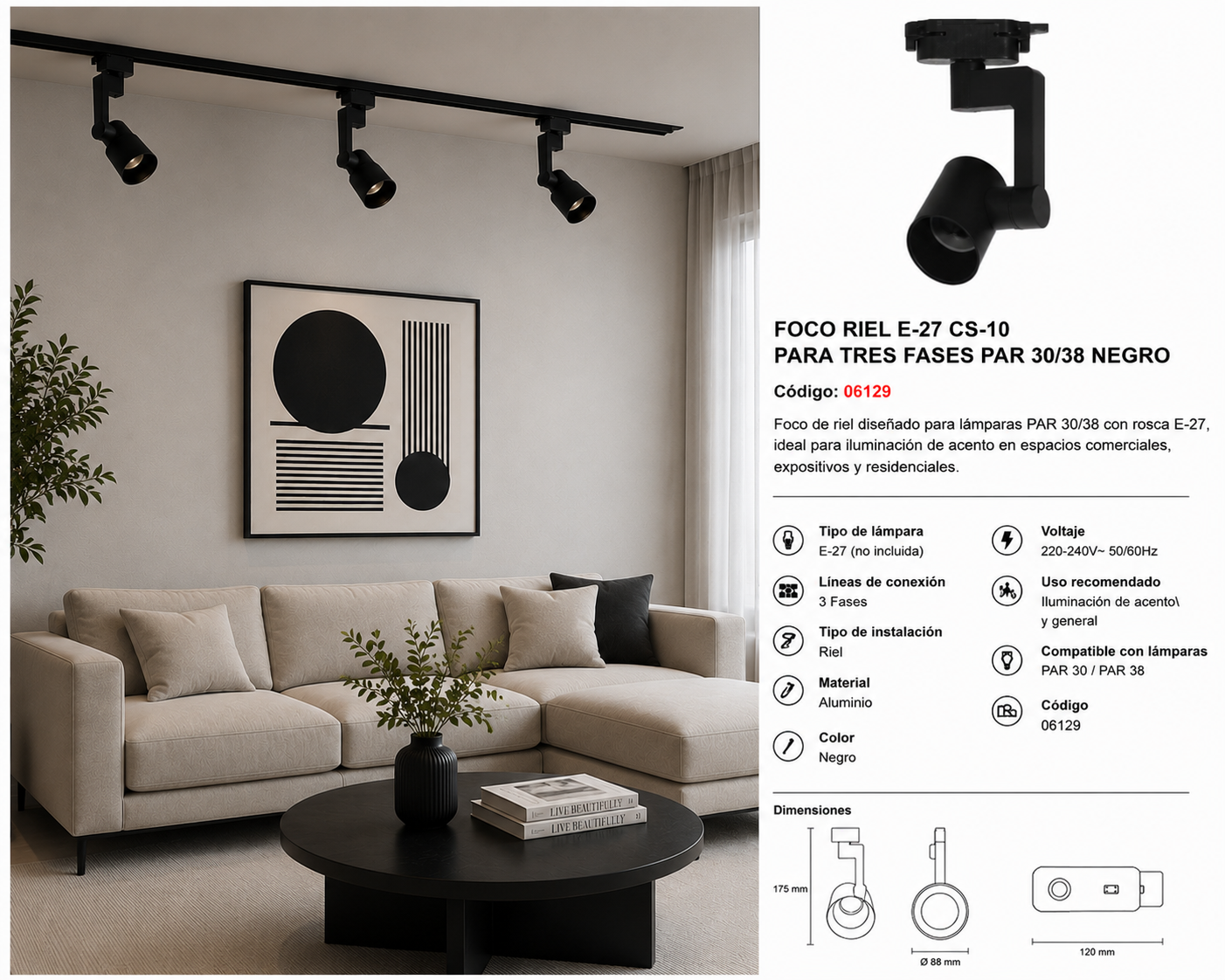 Foco Riel E-27 CS-10 para Tres Fases PAR 30/38 Negro