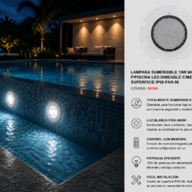 Lampara Sumergible 18W 6000K 12V P/Piscina LED Dimeable C/Control C/Memoria Superficie IP68 PAR-56