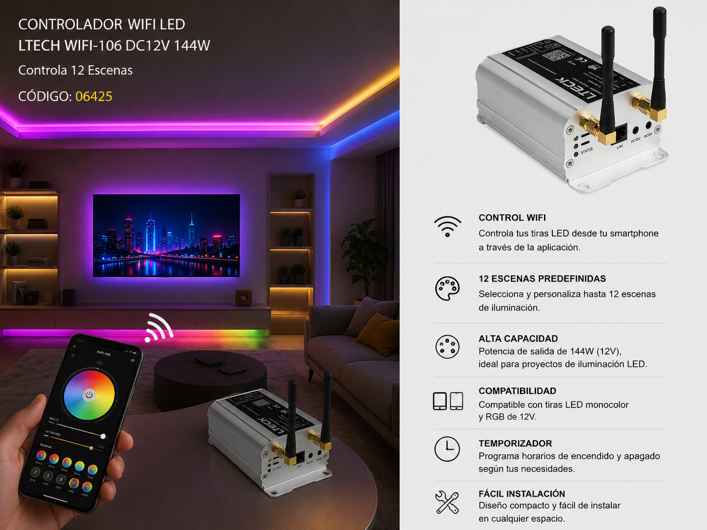Controlador Wifi LED NET REF. WIFI-106 dc12v 144W LTECH Controla 12 Escenas