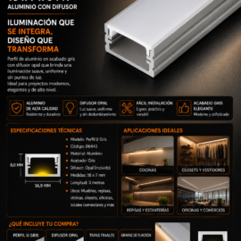 Perfil U Gris 18 x 7 x 3 MT Aluminio con Difusor