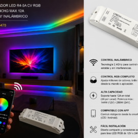 Controlador LED R4-5A CV RGB 12-24V 3A*4CHG MAX 12A 144W/288W/ Inalámbrico