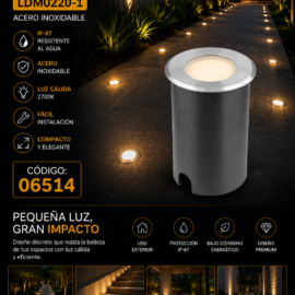 Empotrable de Piso 1w LDM0220-1 Acero Inoxidable 43 mm Redonda 2700k IP-67