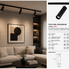 Foco Riel B30330B BK 12W 3000K LED 24º Negro 960LM 60*200 mm 2 Contactos