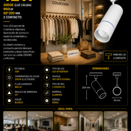 Foco Riel 12W 3000K B30330 WH 24º Blanco 960LM 60*200 mm 2 Contactos ROOMLUX