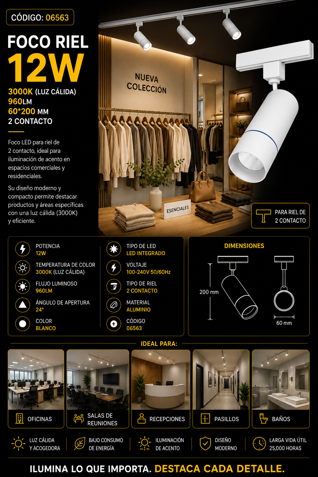 Foco Riel 12W 3000K B30330 WH 24º Blanco 960LM 60*200 mm 2 Contactos ROOMLUX