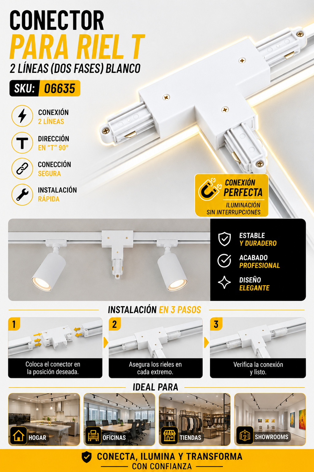 Conector para Riel T 2 Líneas (Dos Fases) Blanco