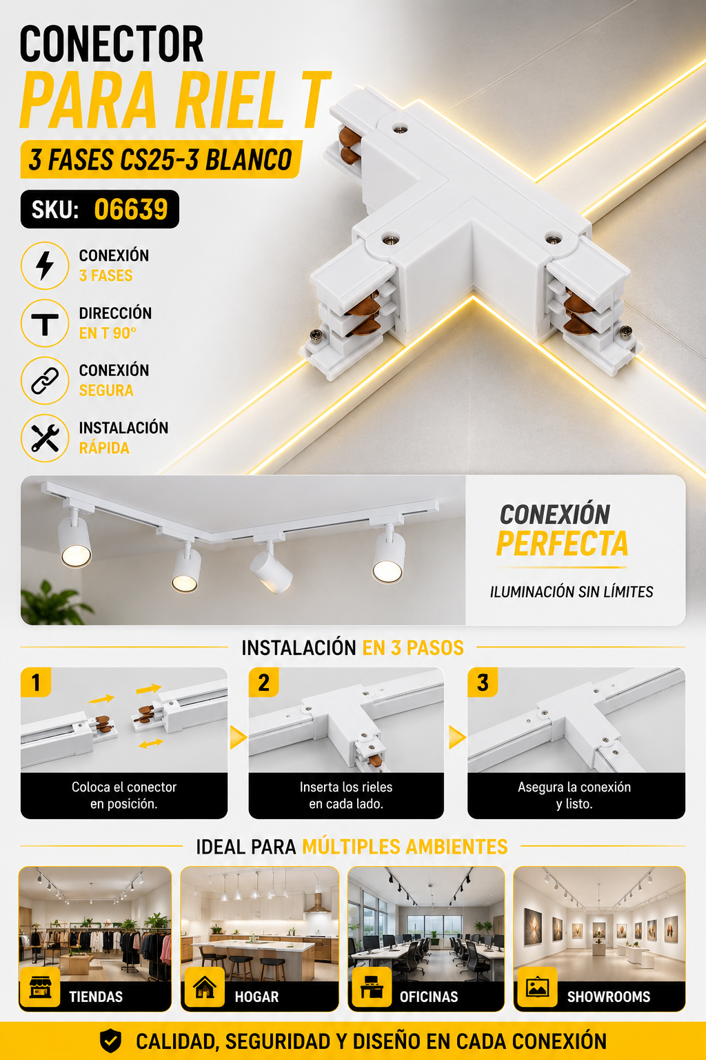 Conector para Riel T 3 Fases CS25-3 Blanco