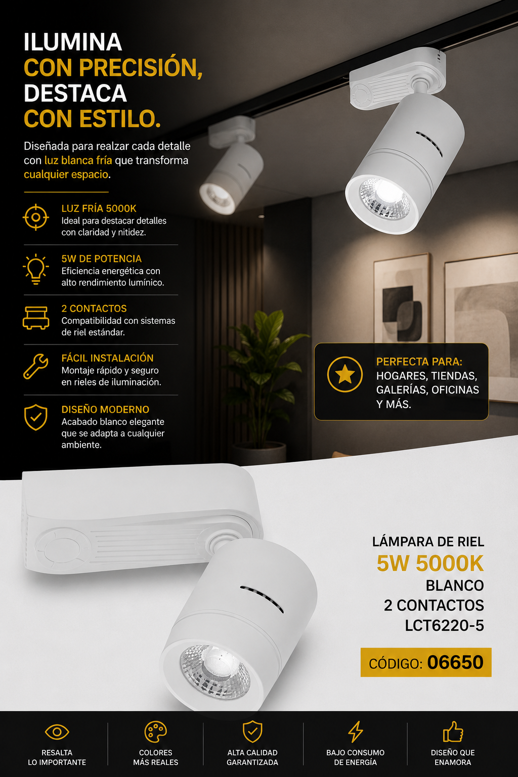 Lampara de Riel 5W 5000K Blanco 2 Contactos LCT6220-5