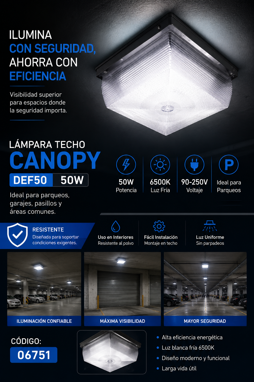 Lampara Techo Canopy DEF50 50W 6500K 90-250V Parqueo