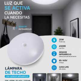 Lámpara de Techo 25W 6500K Con Sensor Infrarrojo 85-165V 2250lms
