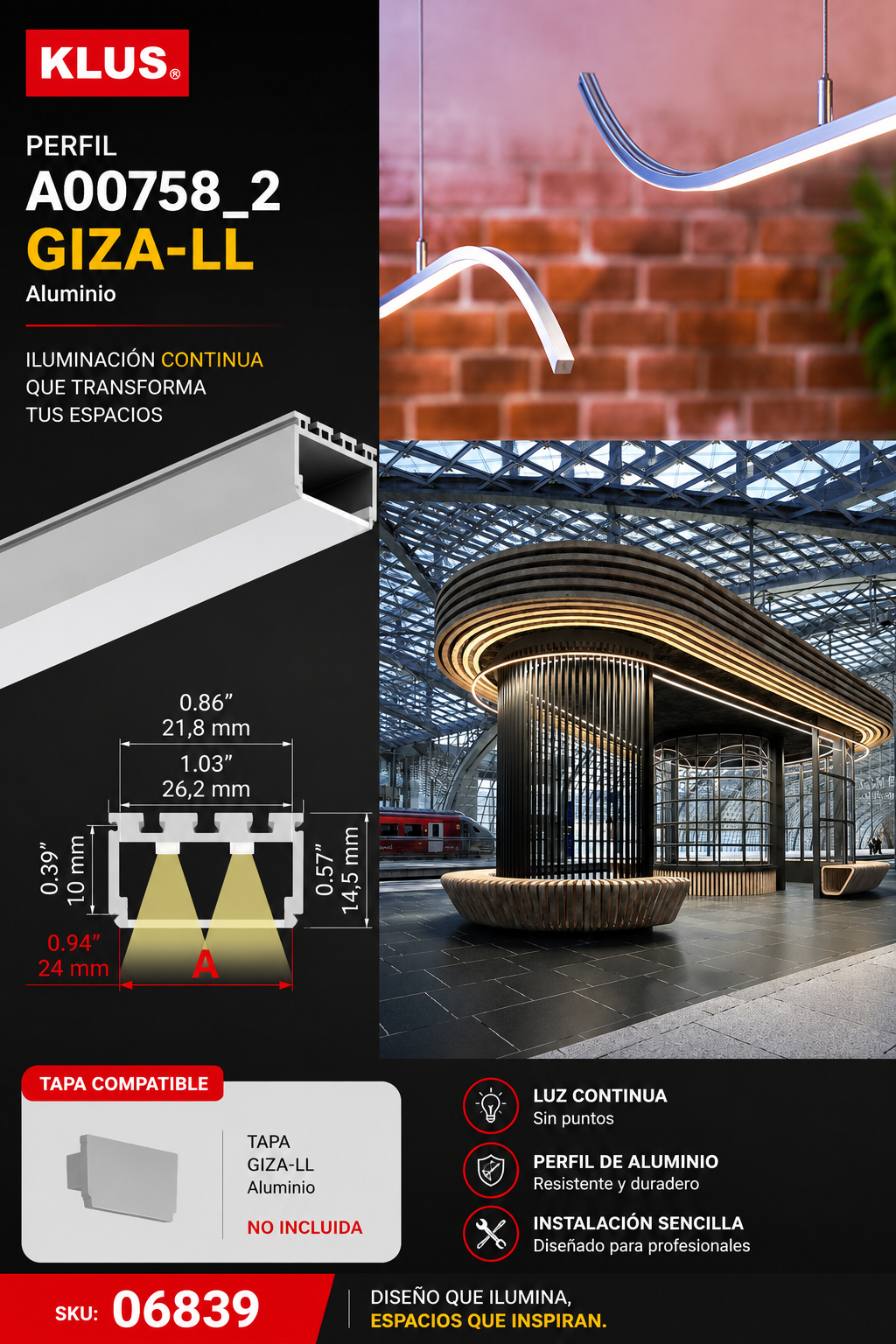 Perfil A00758_2 Gris GIZA-LL Aluminio KLUS