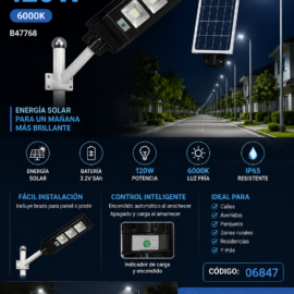 Lampara Solar de Calle 120W 6000K B47768 con Batería y Brazo 3.2V 5 Ah ROOMLUX