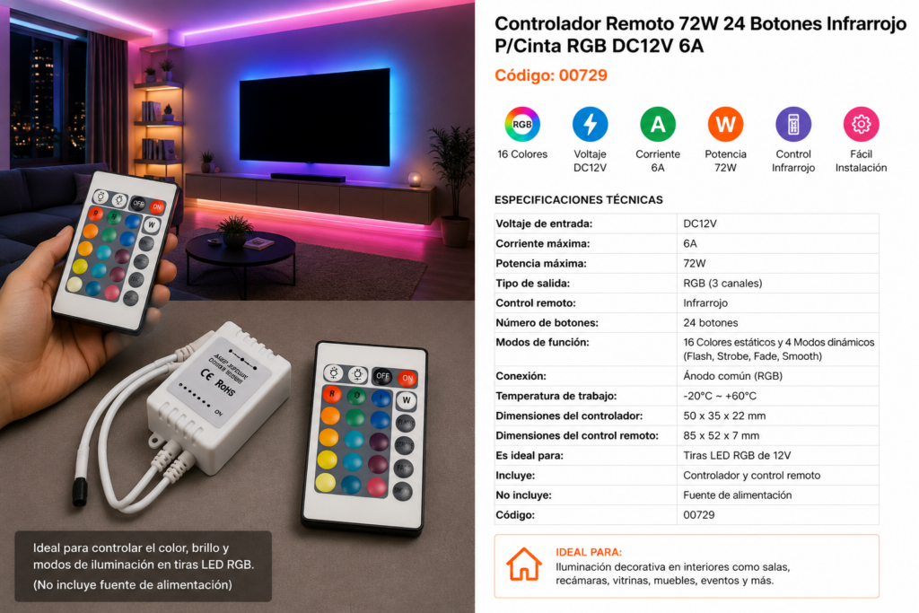 Controlador Remoto 72W 24 Botones Infrarrojo P/Cinta RGB DC12V 6A no Incluye Fuente