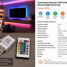 Controlador Remoto 72W 24 Botones Infrarrojo P/Cinta RGB DC12V 6A no Incluye Fuente