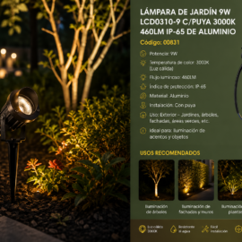 Lampara de Jardín 9W LCD0310-9 C/Puya 3000K 460LM IP-65 de Aluminio